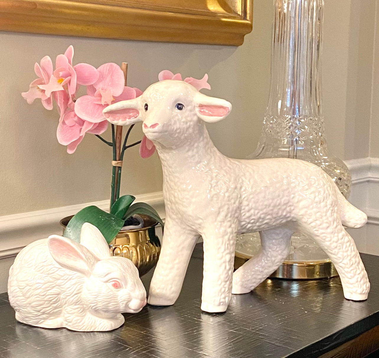 Vintage sweet & statuesque lamb centerpiece for your springtime holiday table scape.