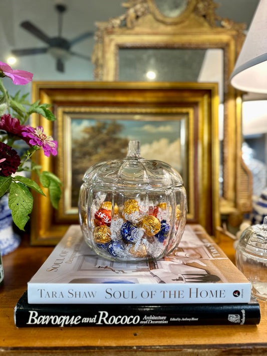 Vintage Glass Figural Pumpkin Candy Bowl w/Lid by Anchor Hocking, Made in USA, 7"