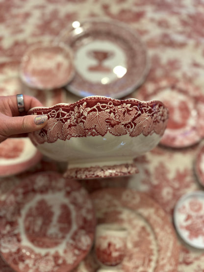 Mason’s “Vista” Red / Pink Transferware Bruges Shape Footed Salad Serving Bowl | England, c. 1940s