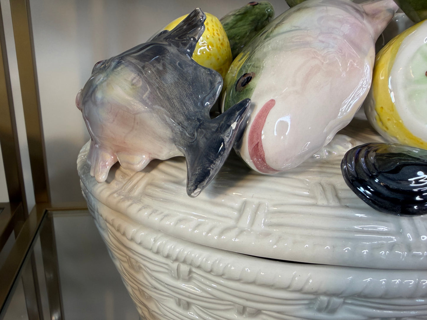 Stunning Italian Fish Tureen with raised fish and lemons and basket design!