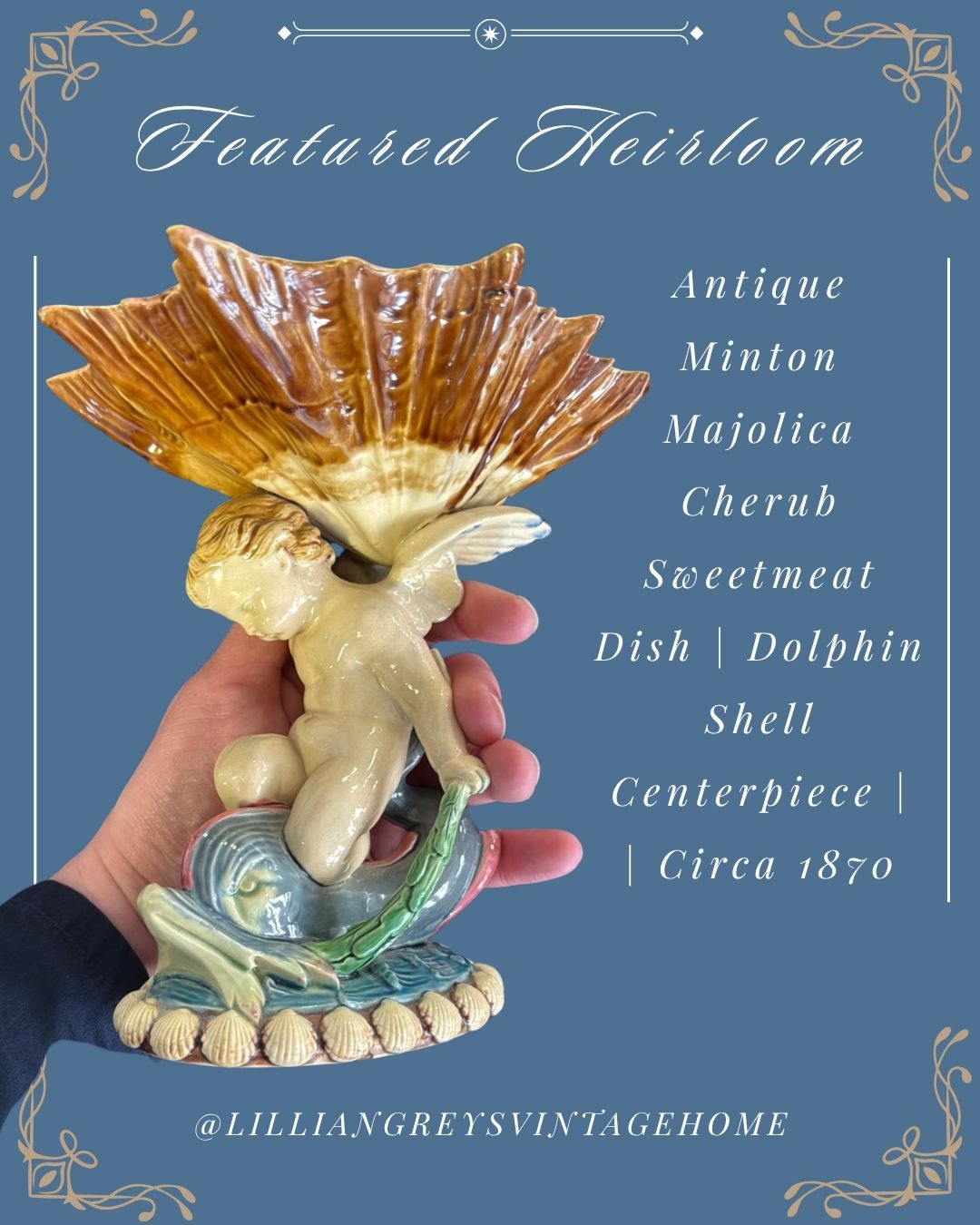 Antique Minton Majolica Cherub Sweetmeat Dish | Dolphin Shell Centerpiece | Victorian English Pottery c.1870 | Style #D251