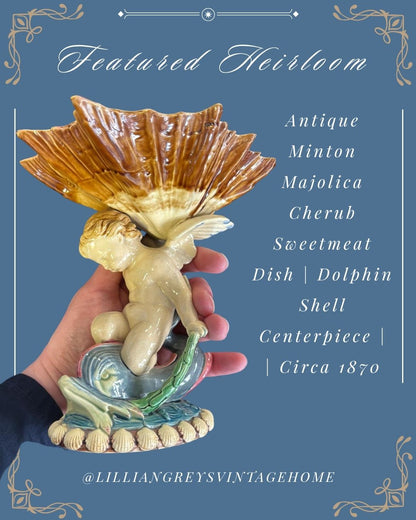 Antique Minton Majolica Cherub Sweetmeat Dish | Dolphin Shell Centerpiece | Victorian English Pottery c.1870 | Style #D251