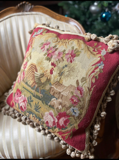 Pair of French Aubusson Hand Woven Mirror Image Rooster Pillows with Café-Latte Velvet Backs