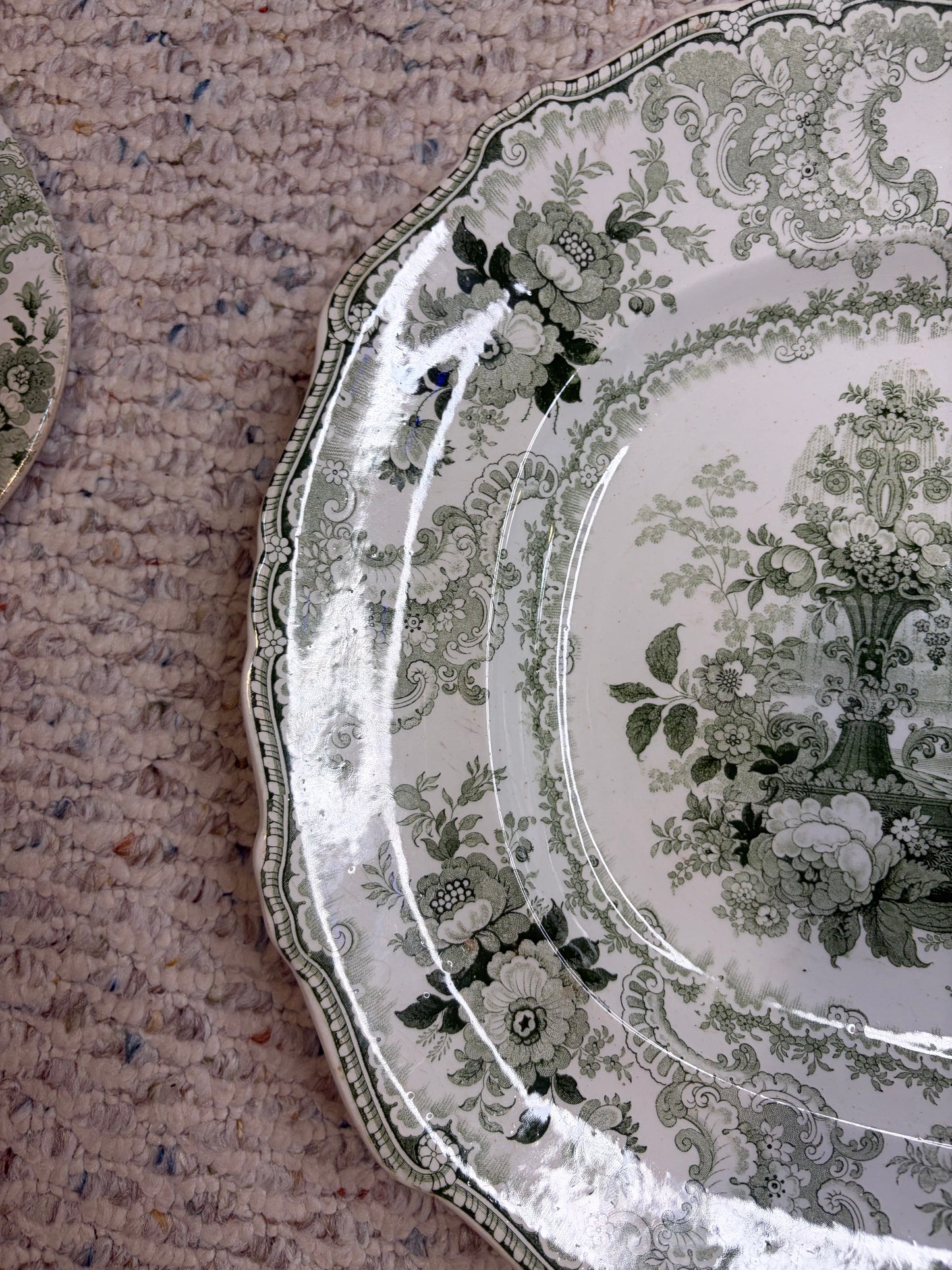 Stunning antique William Adams & Sons "Fountain Scenery" green and white transferware platter with strainer!