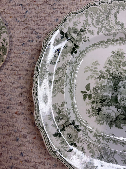 Stunning antique William Adams & Sons "Fountain Scenery" green and white transferware platter with strainer!