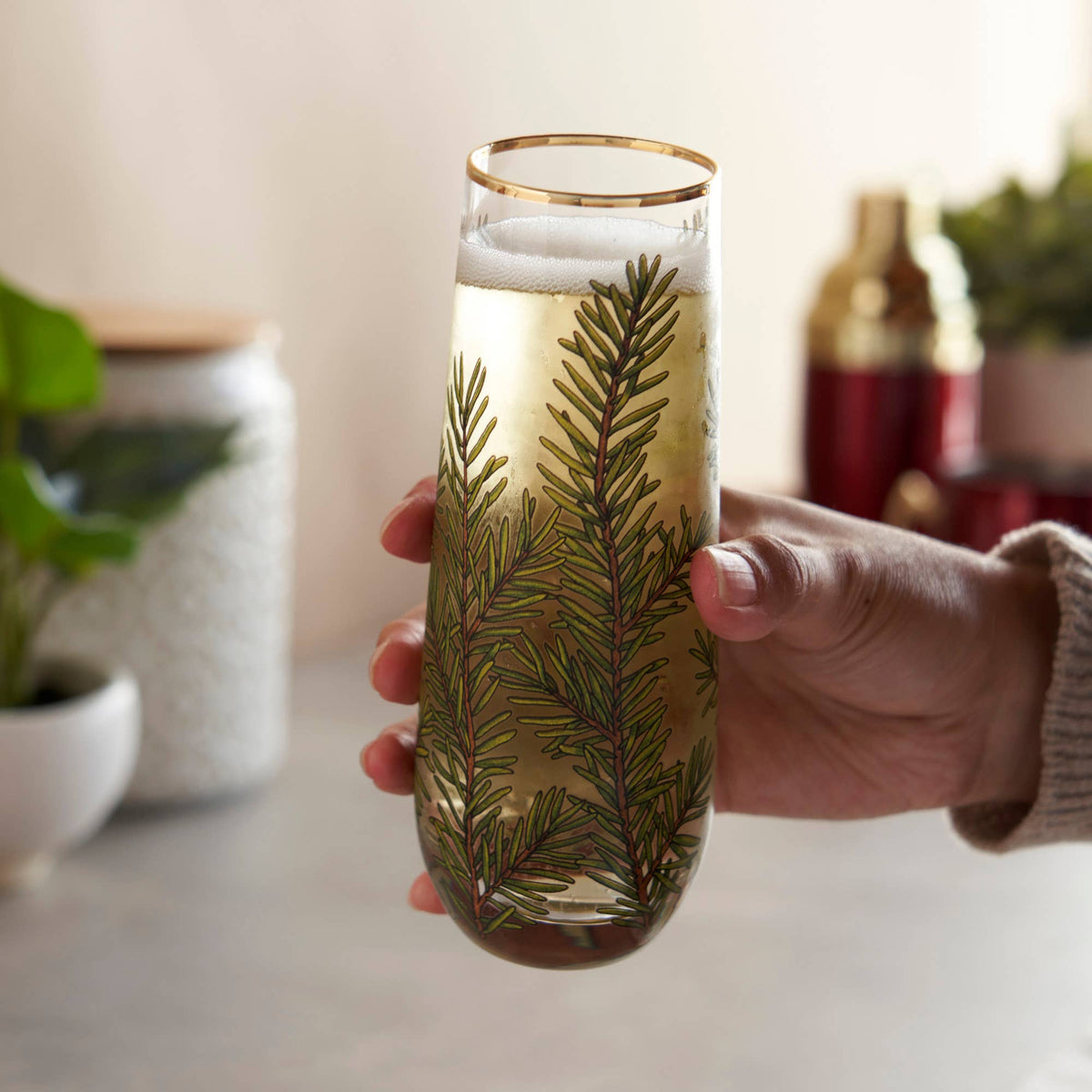 Woodland Evergreen Champagne Glasses with Gold Rim | Set of 2