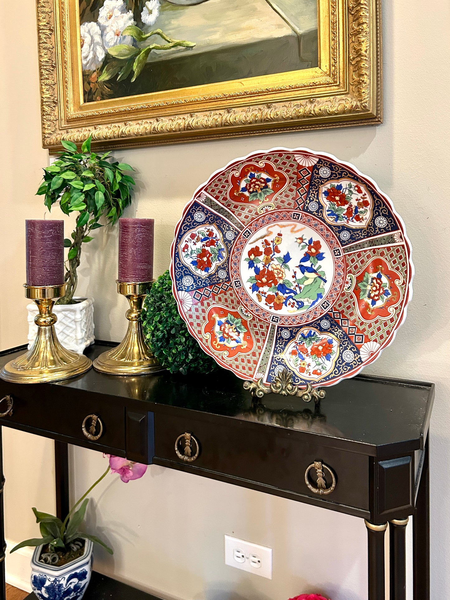 Gorgeous chinoiserie Imari style scalloped massive 16 in platter