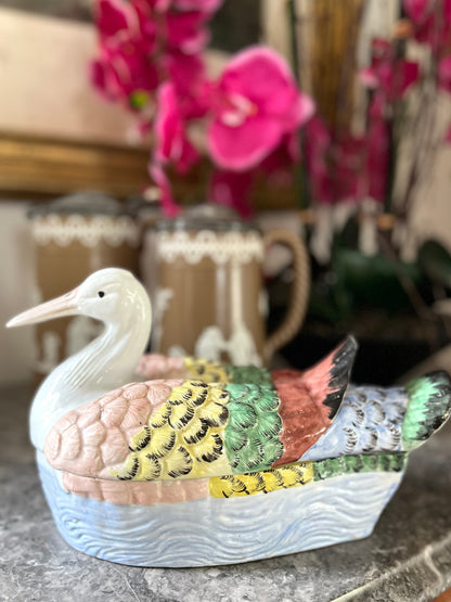Live 06/22 Antique Staffordshire Duck Tureen | Early 19th-Century Pearlware | Hand-Painted Covered Bird Server -Professional Repair Priced Accordingly