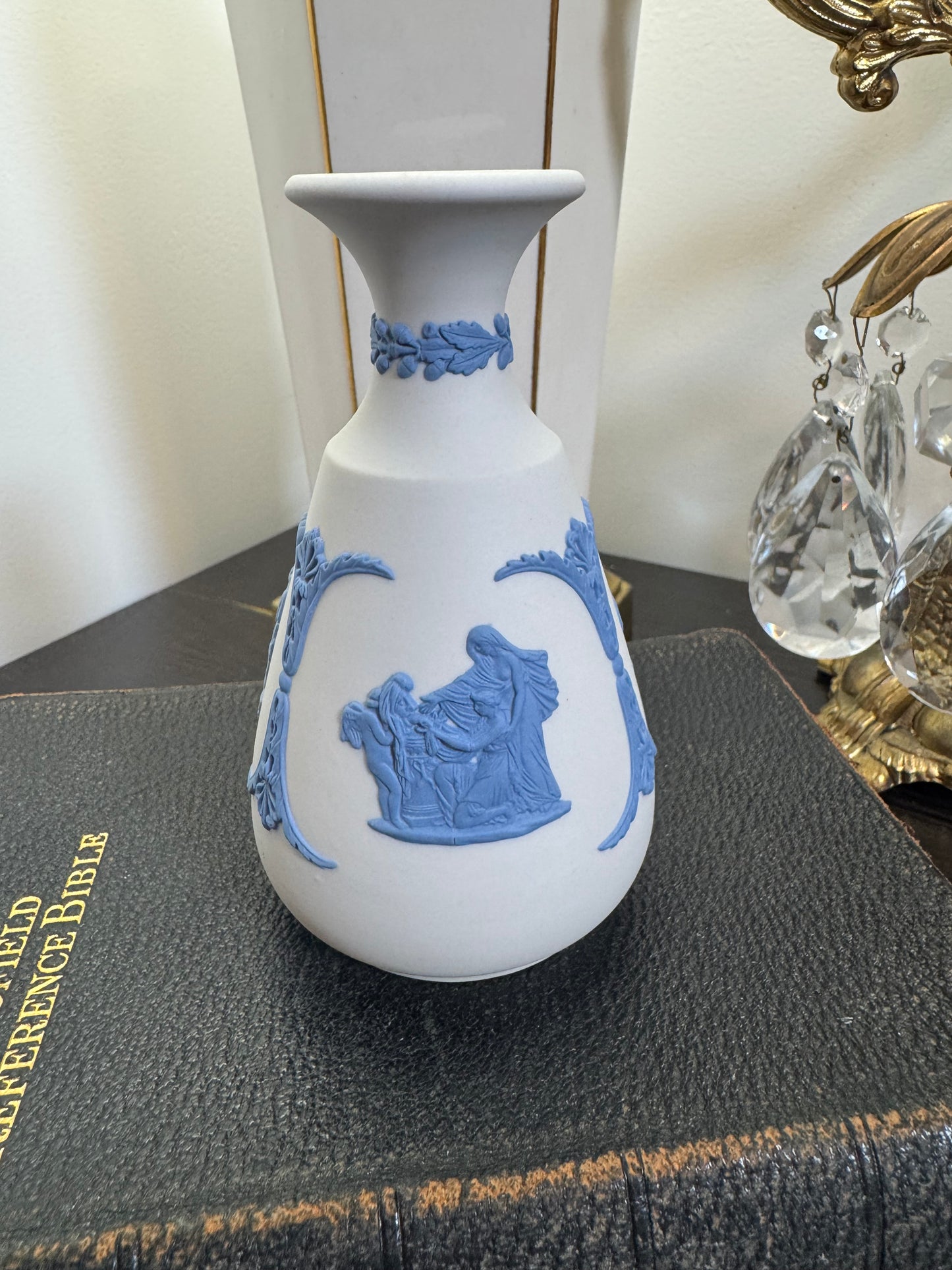 Wedgwood white and blue bud vase 5”