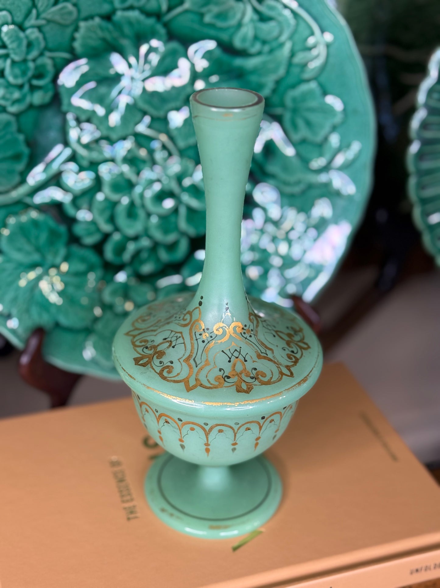 Antique Green Opaline Glass Perfume Bottle with Gilt Decoration, 8” Tall