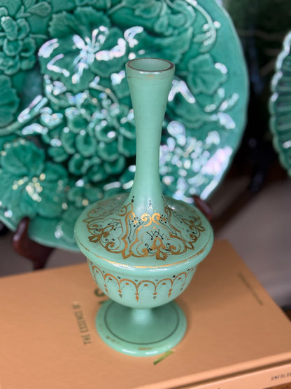 Antique Green Opaline Glass Perfume Bottle with Gilt Decoration, 8” Tall