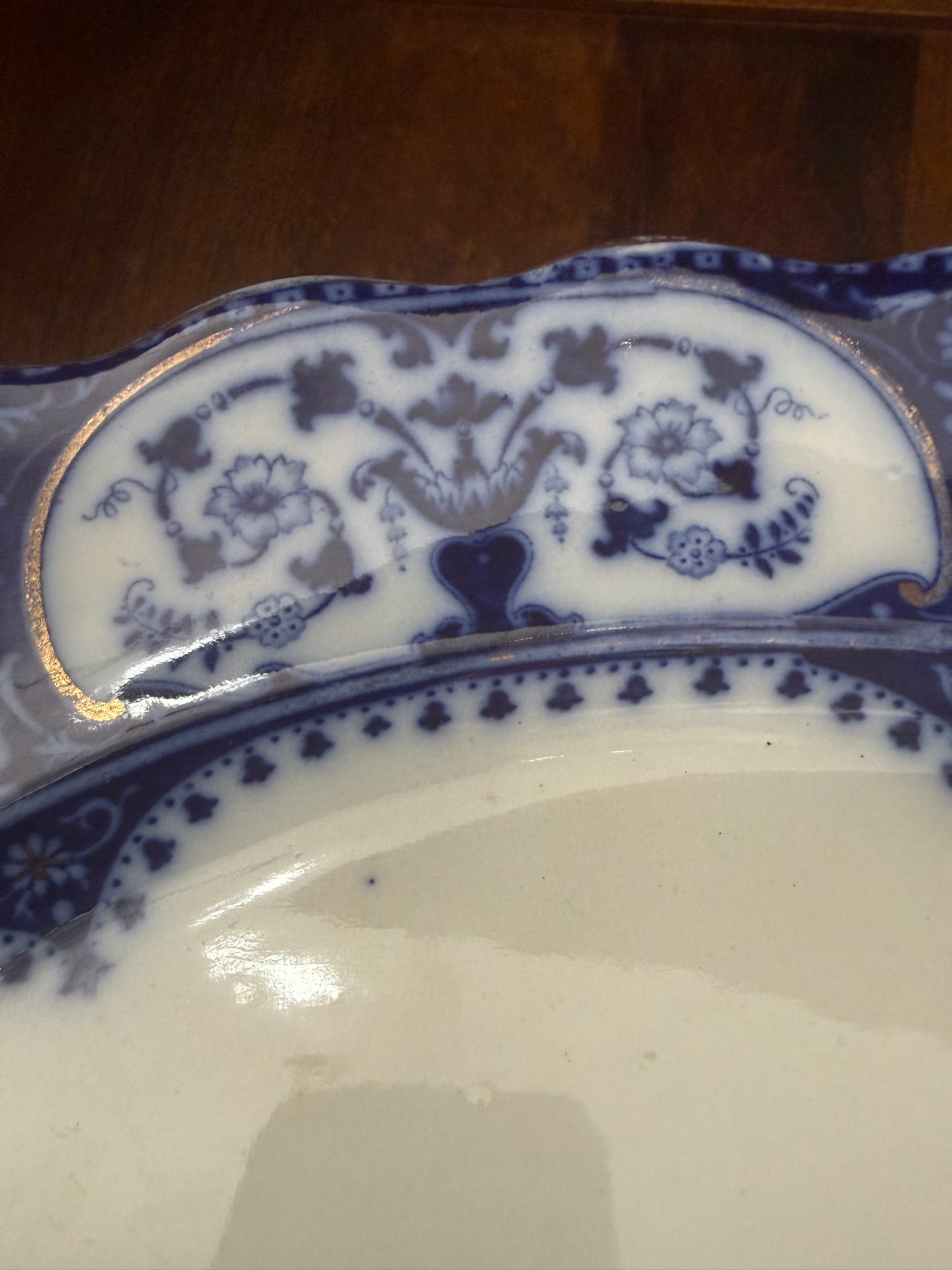 Antique English Flow Blue XL 19” Oval Transferware Platter with Hunt Scene & Floral Border –