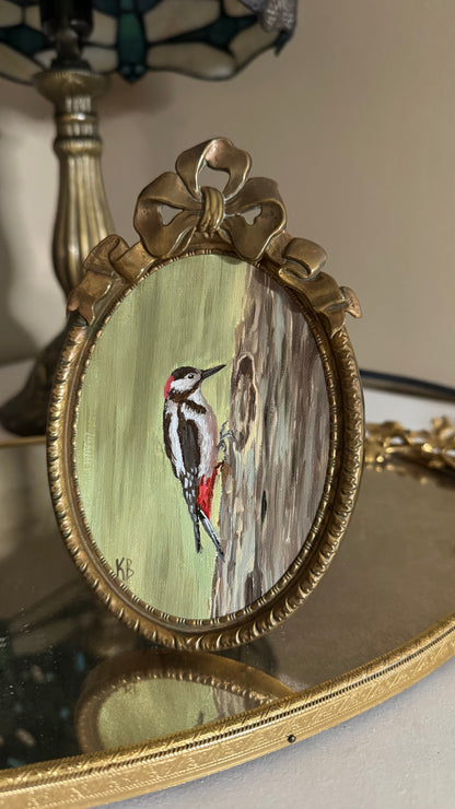 Day 7 Original oil painting of woodpecker in vintage brass frame