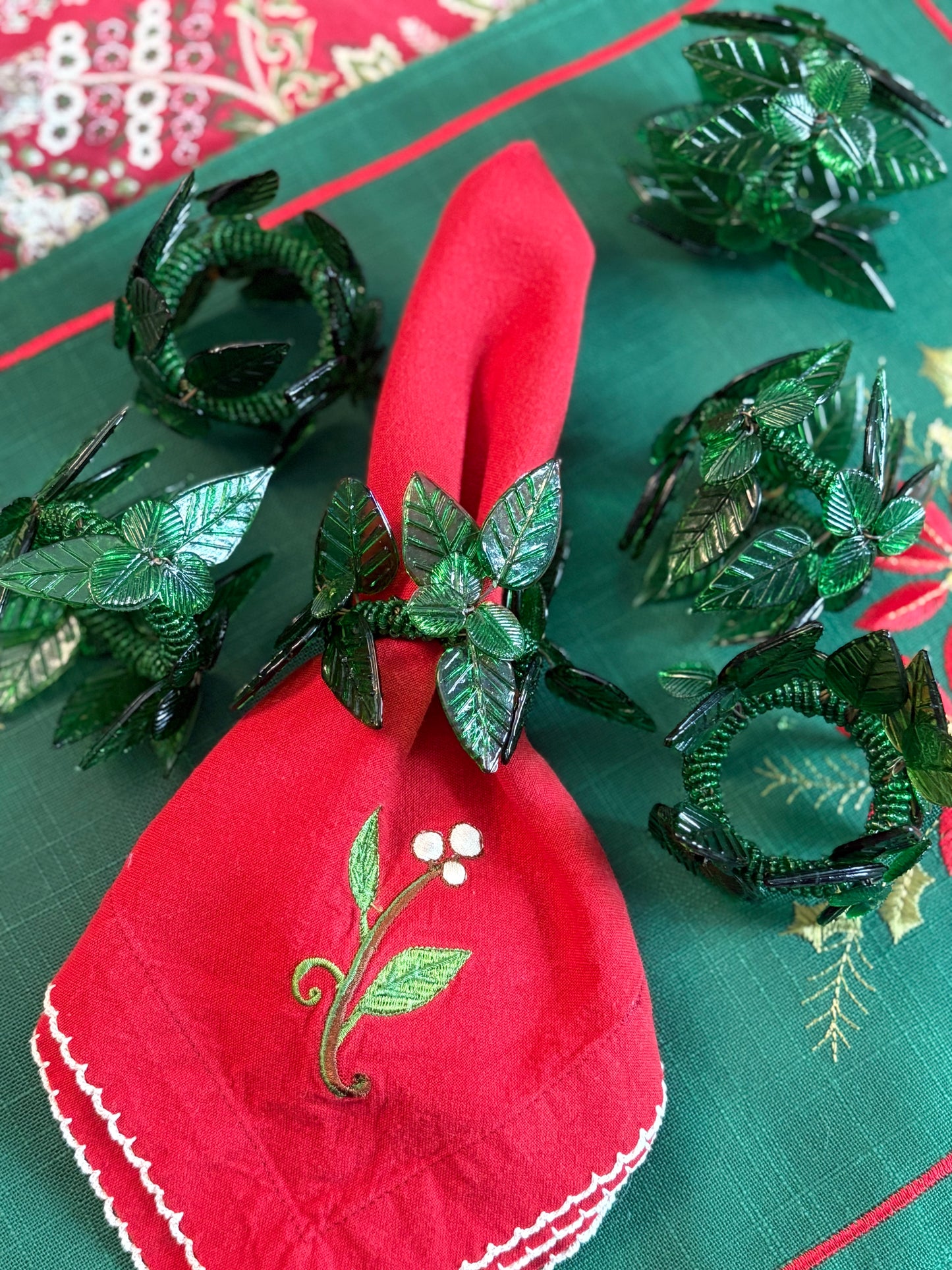 Set (6) Green Glass and bead Napkin rings