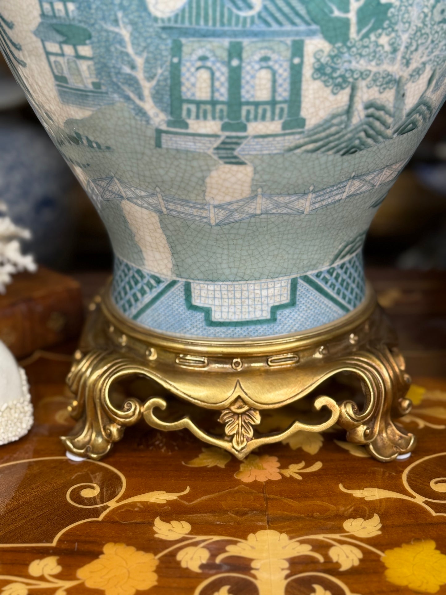 Danny's Fine Porcelain: Turquoise Willow Pattern Bronze Ormolu Temple Jar: 19”Tall,10Lx10W