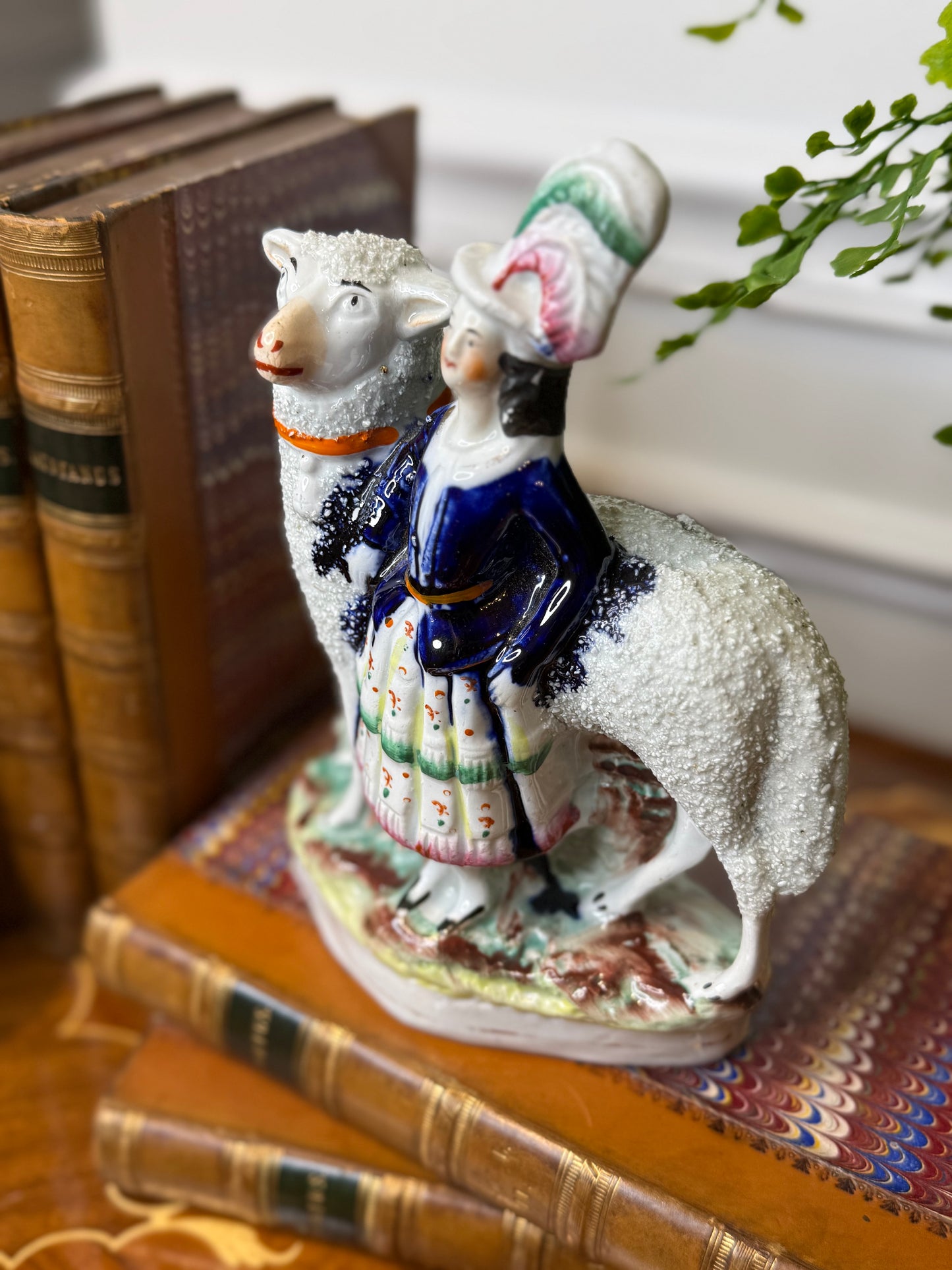 Antique Staffordshire Sanded Lamb & Shepherdess Figure | Pearlware Style Figurine | 8.5” Tall #DA4253