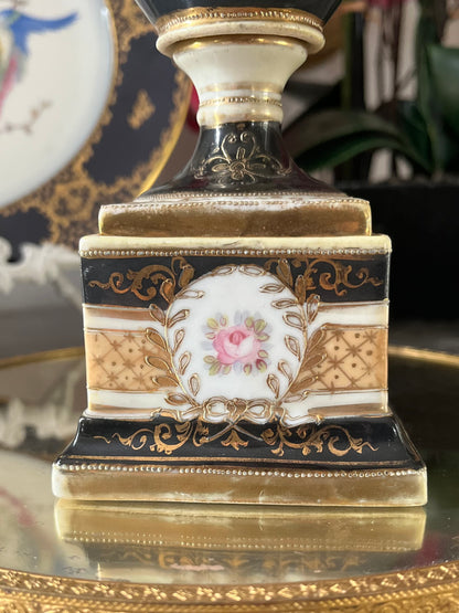 Live 06/22 Early Noritake Moriage Scenic Two-Handled Pedestal Vase | Black Ground & Raised Gilding  Old Backstamp