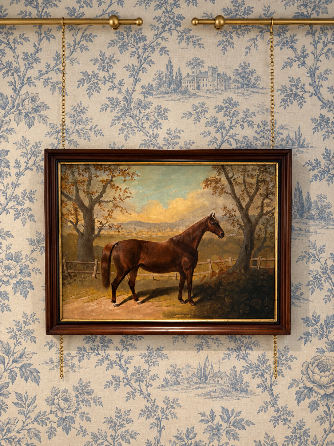 Attributed to John E. Ferneley Sr. English Thoroughbred Horse Portrait Oil Painting, c. 1848–1860 | Framed: 20.75” H × 26.75” W