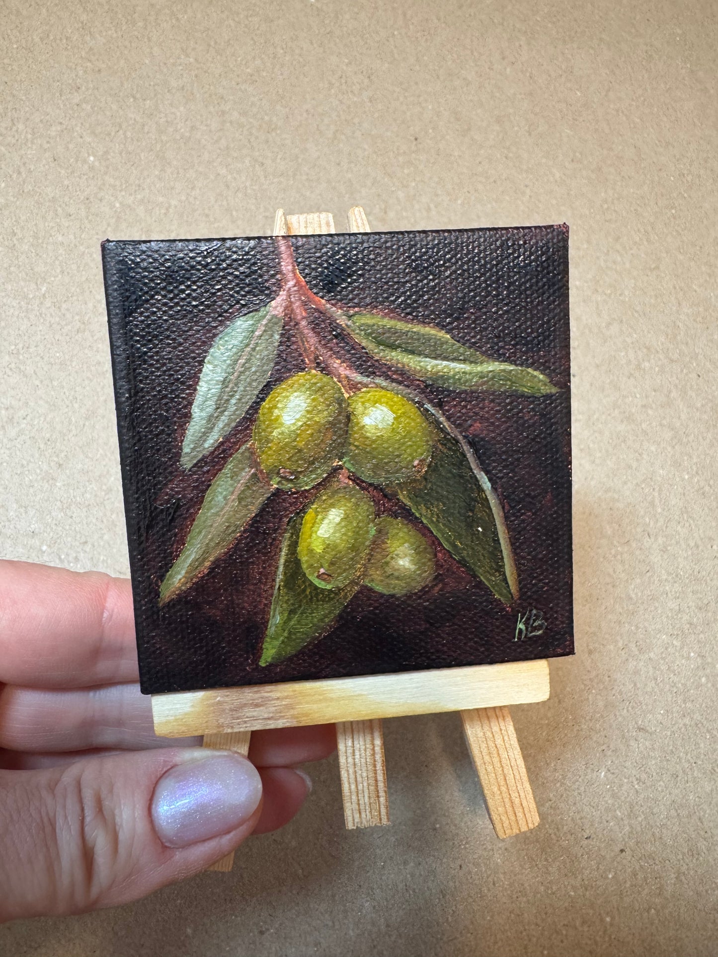 Live 06/19 mini art olives original oil paintings on stretched canvas 3x3”