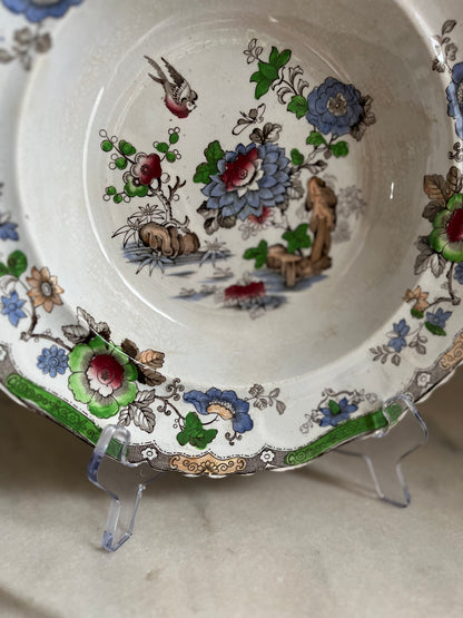 Live 09/29 Antique English Staffordshire Chinoiserie Plate, Underglaze Apple Green, Bird & Peony, Crown Mark Pattern 258, c. 1830–1850
