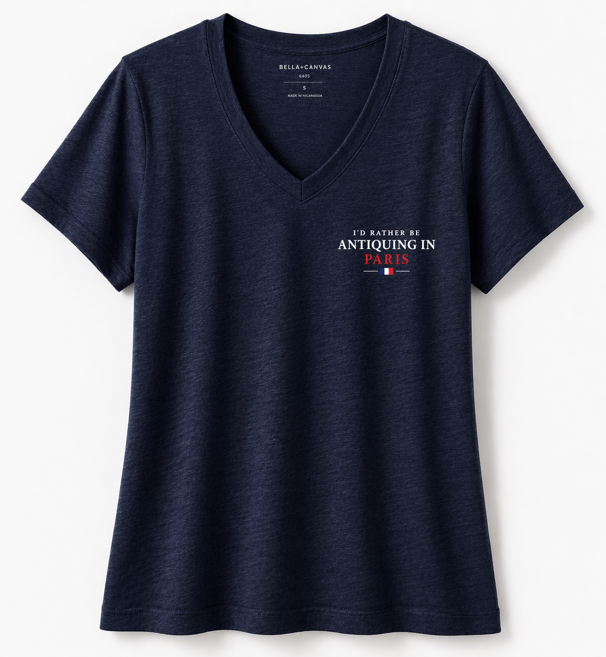 Rare and Worn | I’d Rather Be Antiquing In Paris - Embroidered Collector’s Mark V-neck Relaxed Tee - Navy