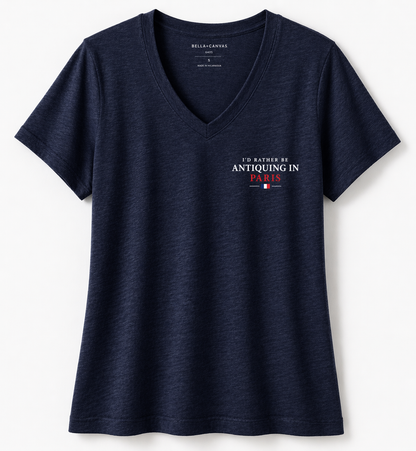 Rare and Worn | I’d Rather Be Antiquing In Paris - Embroidered Collector’s Mark V-neck Relaxed Tee - Navy