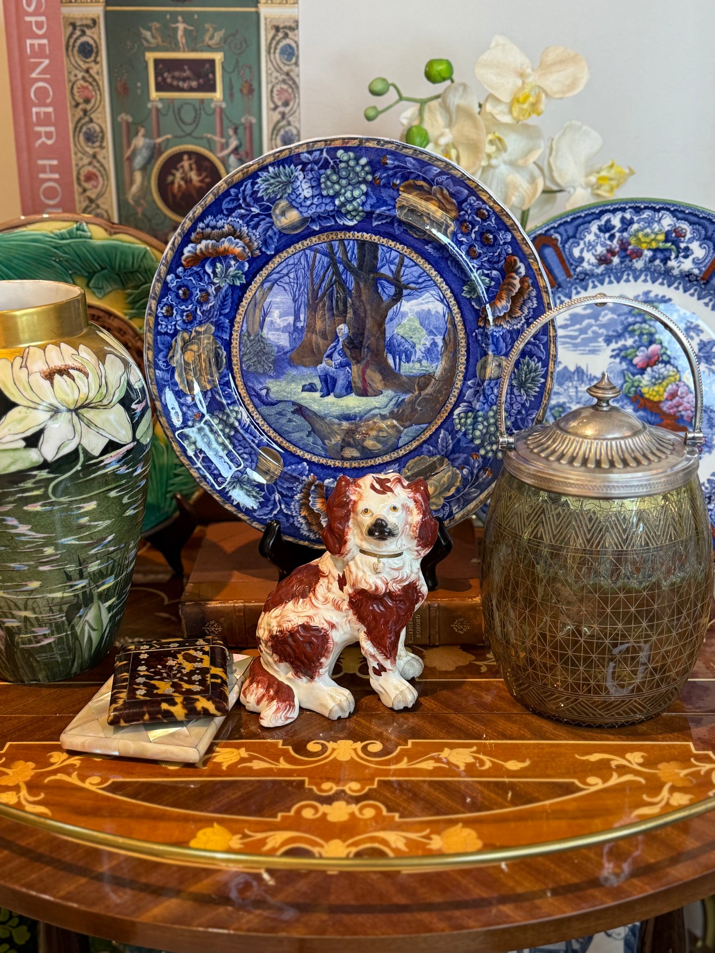 Antique Staffordshire Spaniel Figure c.1880–1900 Red & White Pottery Dog 5.5” Tall