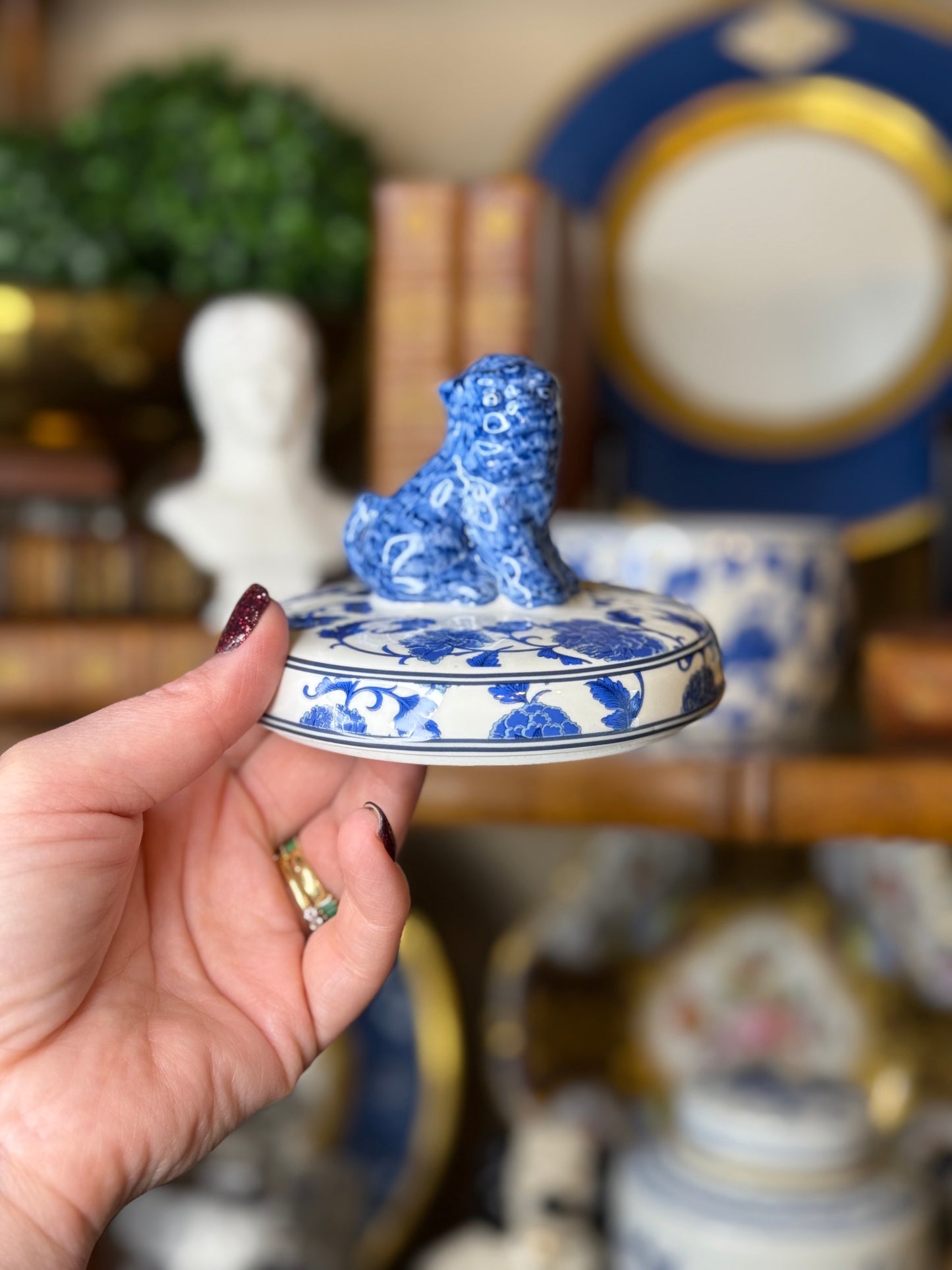 Danny’s Fine Porcelain: Blue & White Porcelain Foo Dog Lidded Box with Floral Motif