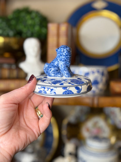 Danny’s Fine Porcelain: Blue & White Porcelain Foo Dog Lidded Box with Floral Motif