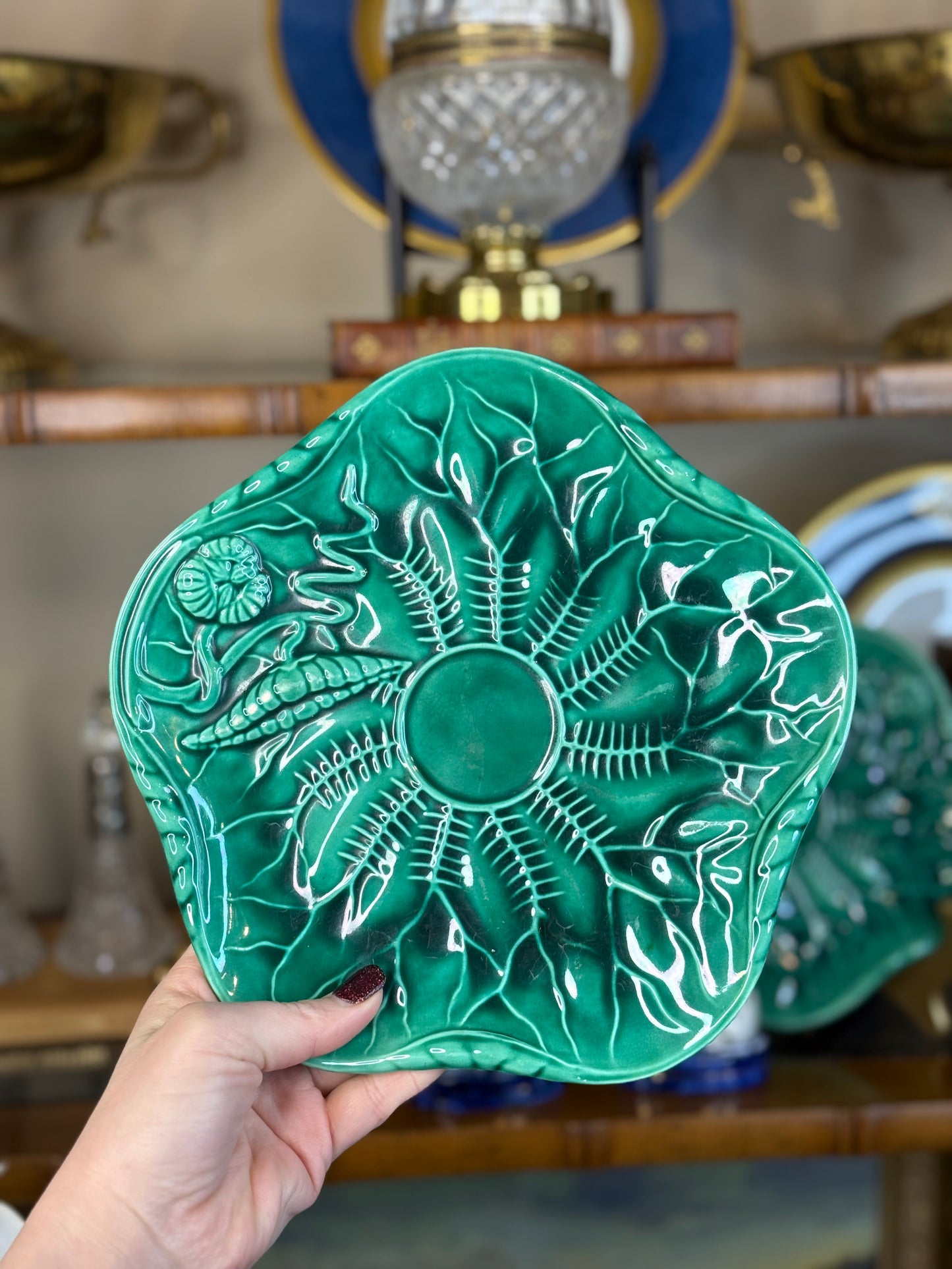 RESERVED: Antique French Majolica Cabbage Leaf Plates in Emerald Green | 8.5” Diameter