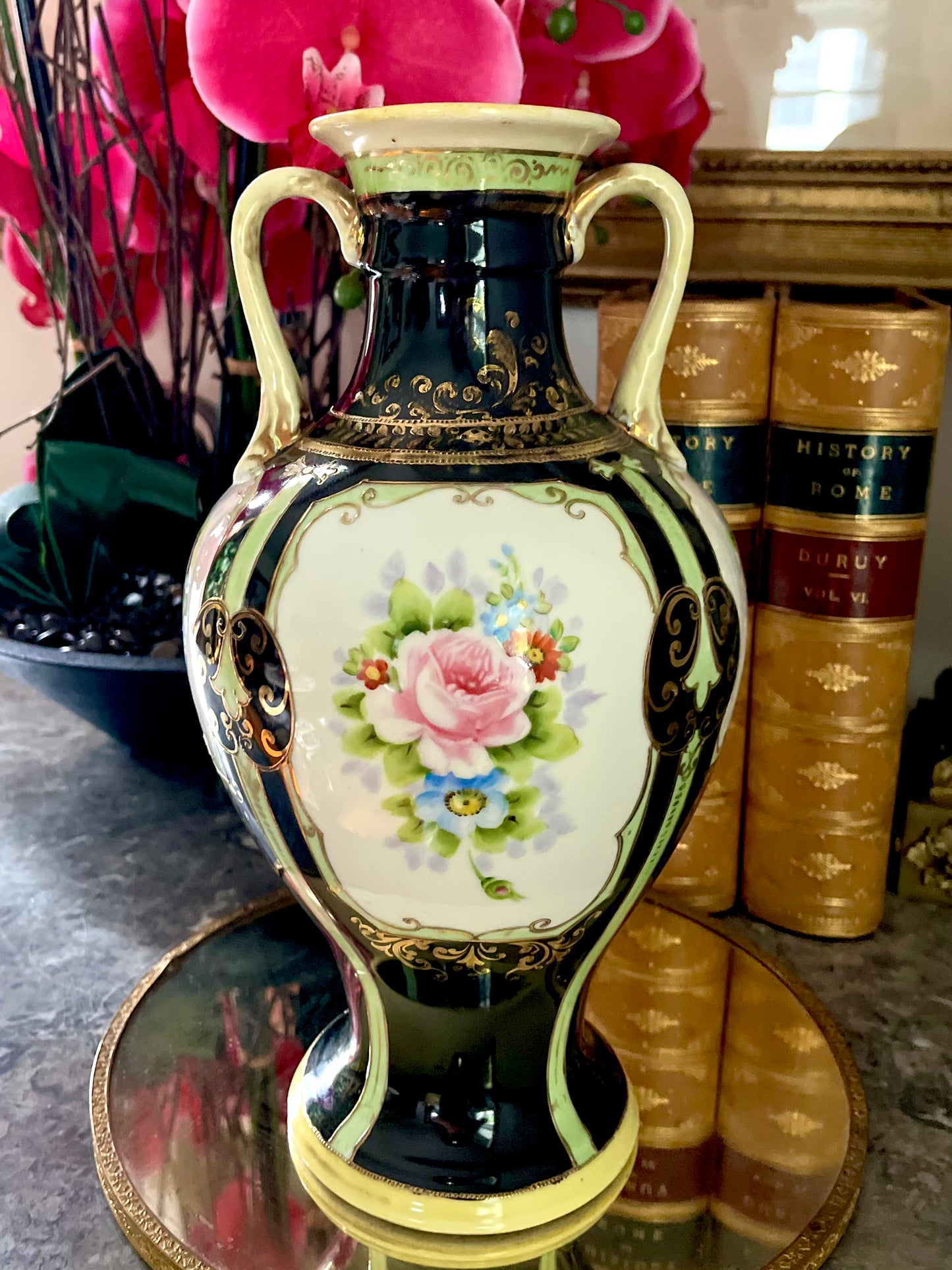 Antique Nippon Moriage Bolster Vase - Rare Black Ground, circa 1891–1921