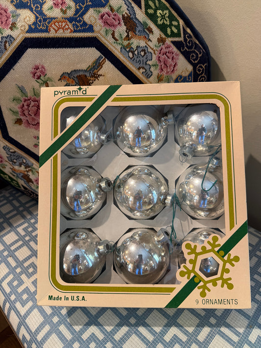 9 Glorious vintage glass ornaments shiny bright style 2.5 d  silver