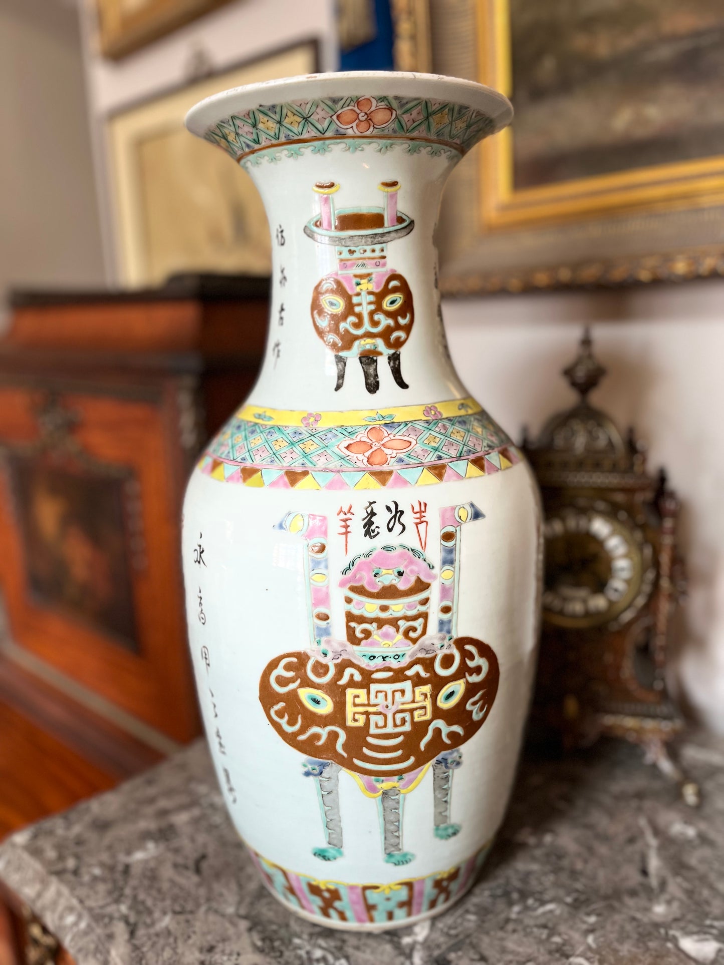 Important Antique Large Chinese ‘One Hundred Treasure Vase’ - Celedon Ground/Ballister Shape