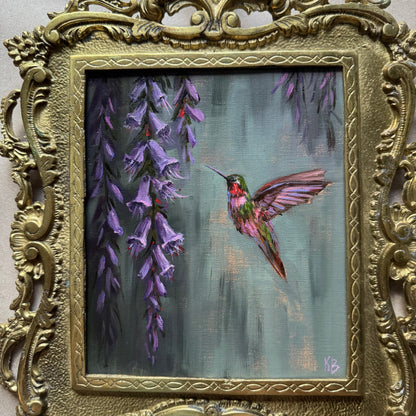 Hummingbird Original oil painting in brass vintage frame 14x11”