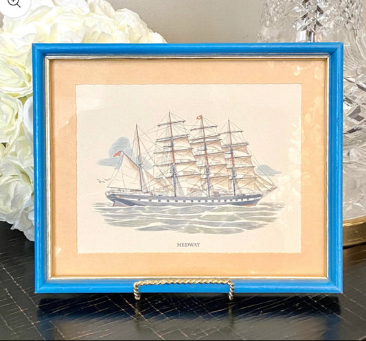 vintage tall ship framed and matted color lithograph print MedWay wall art