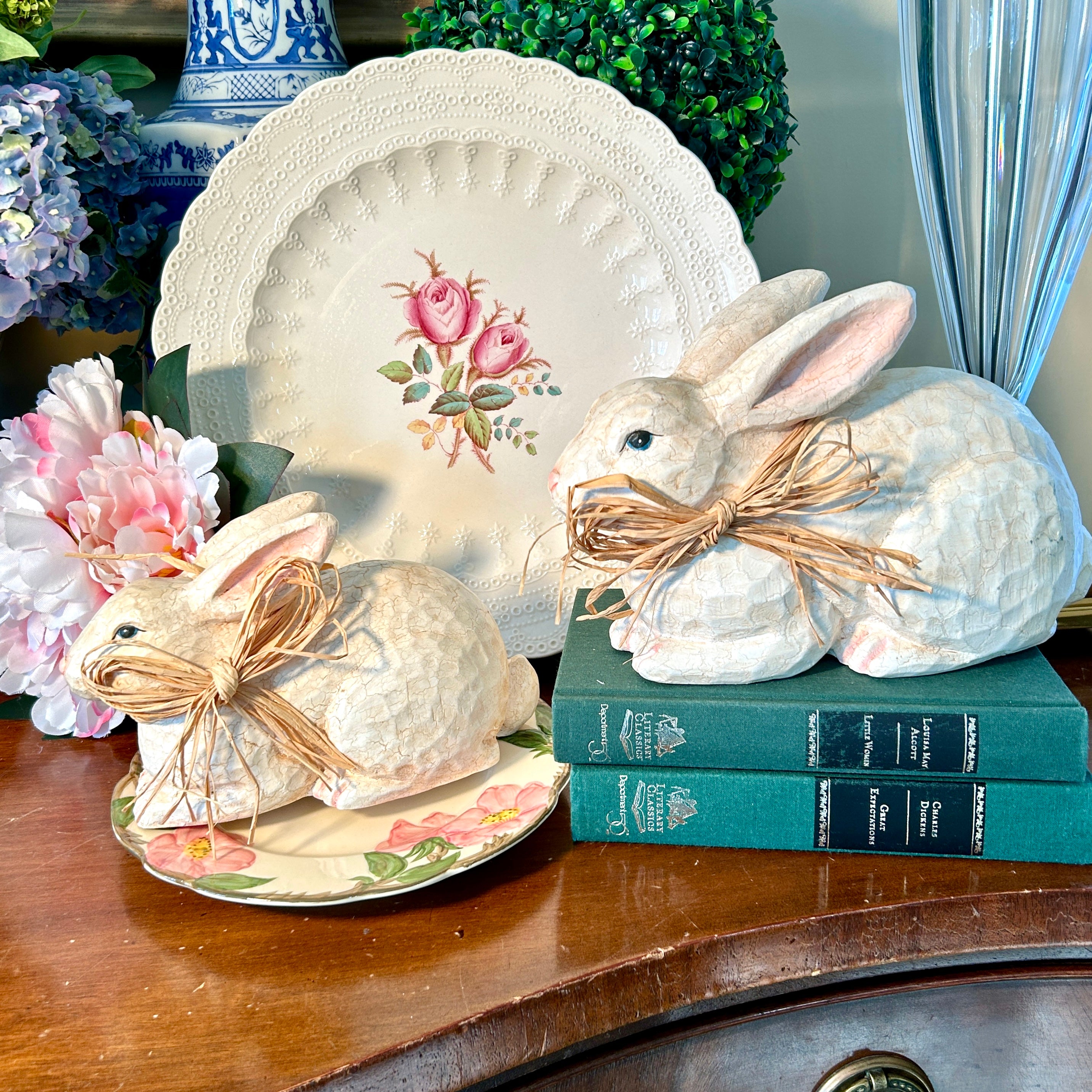 Set of 2 Vintage bunny rabbits with twine bow springtime decor ...