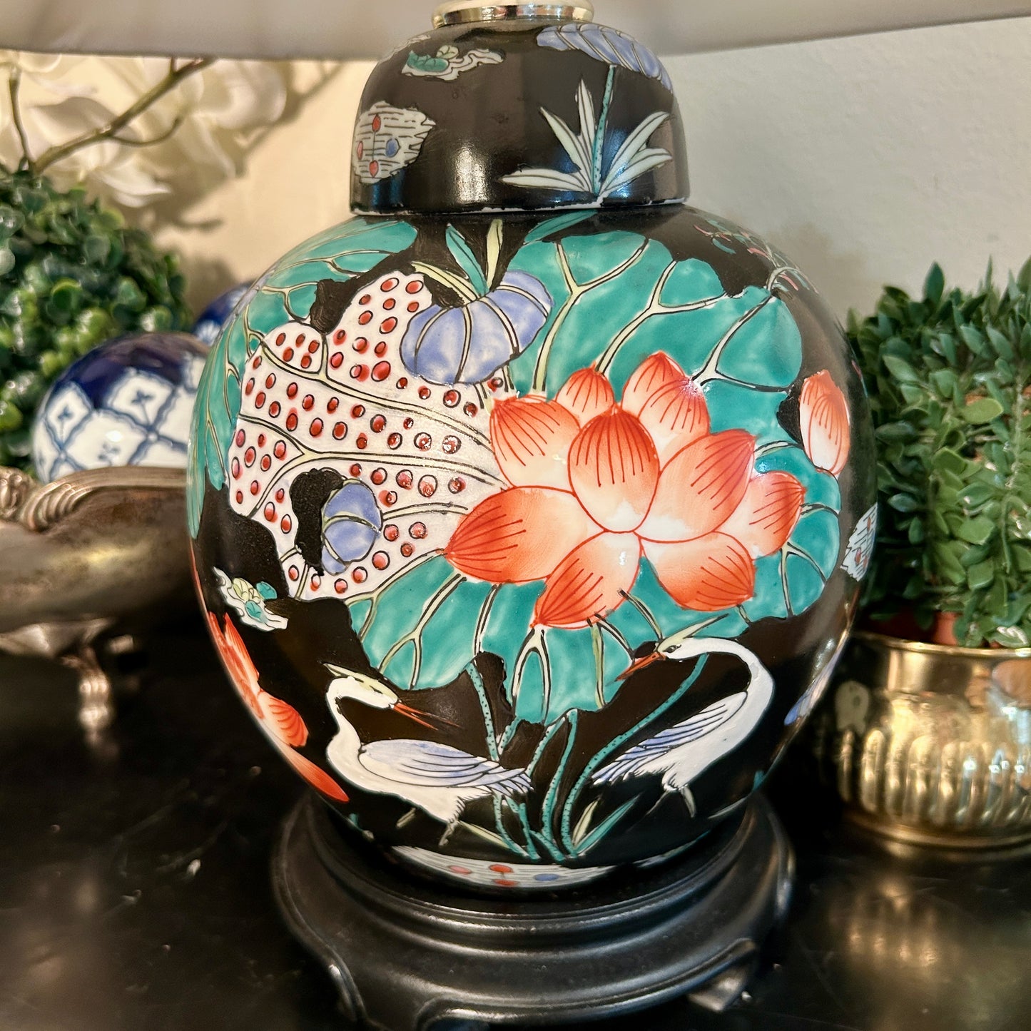 Vintage Famille Noir Matte Black Lamp With Crane Design  20 in