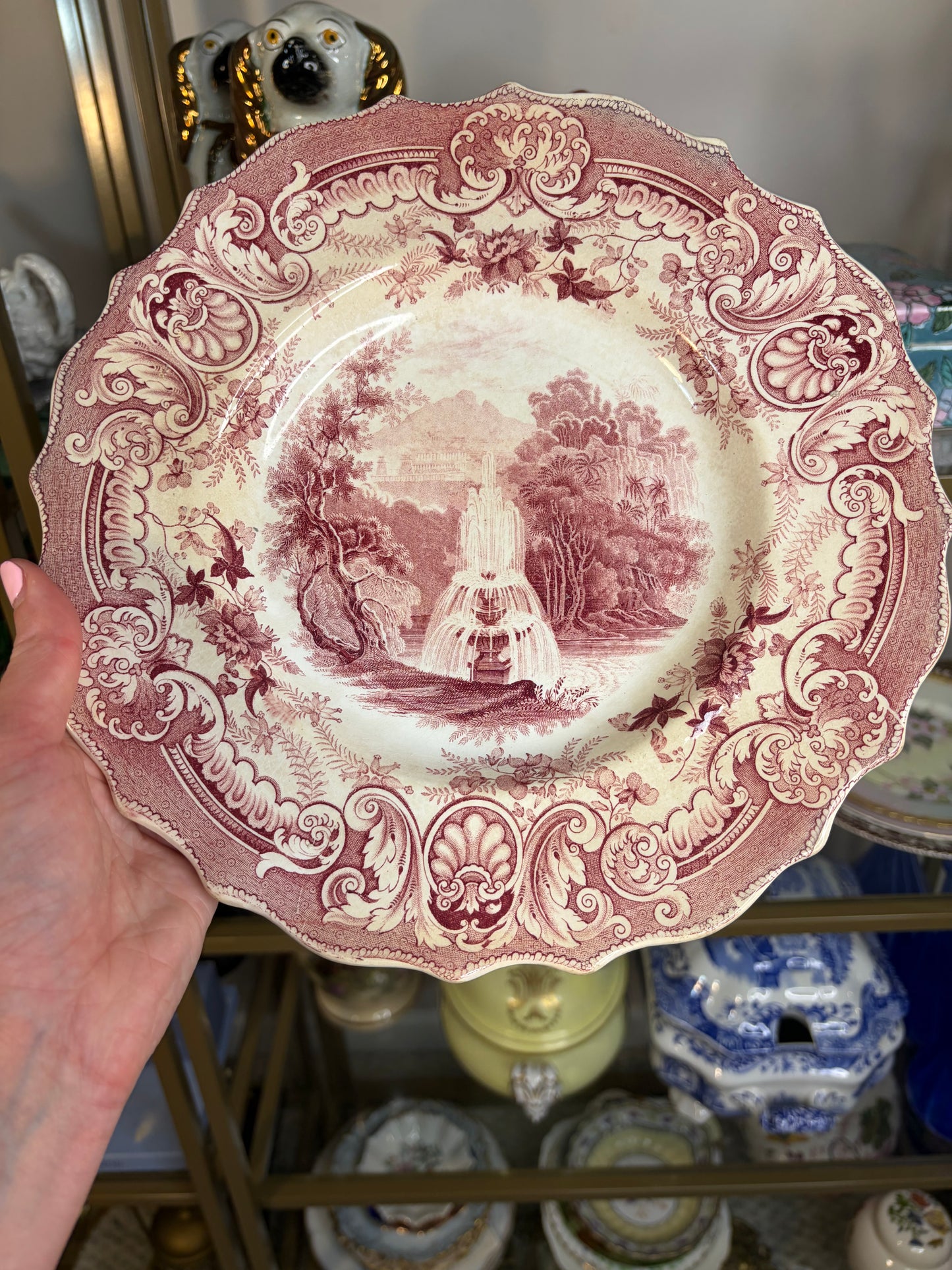 Stunning antique 1840s English transferware plate in the "Fountain" pattern by Enoch Wood & Sons!