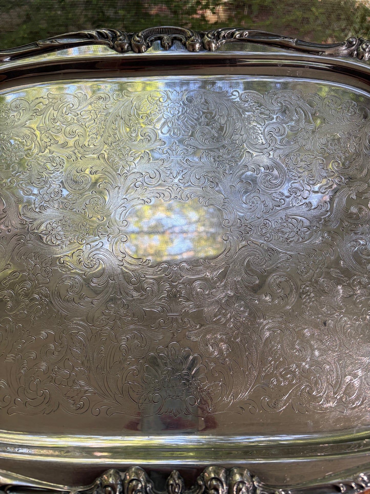 Stunning Gorham Newport large ornate silverplated serving tray with shell motif handles!