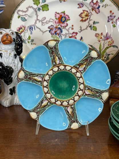 Antique Minton Majolica Oyster Plate | Turquoise & Shell Motif | 9” Diameter