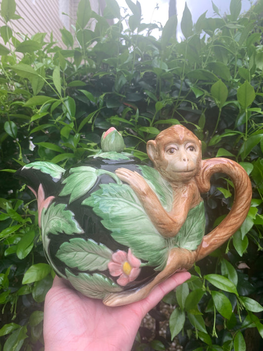 Handpainted Fitz and Floyd rainforest monkey teapot with greenery and pink florals! - Excellent condition!