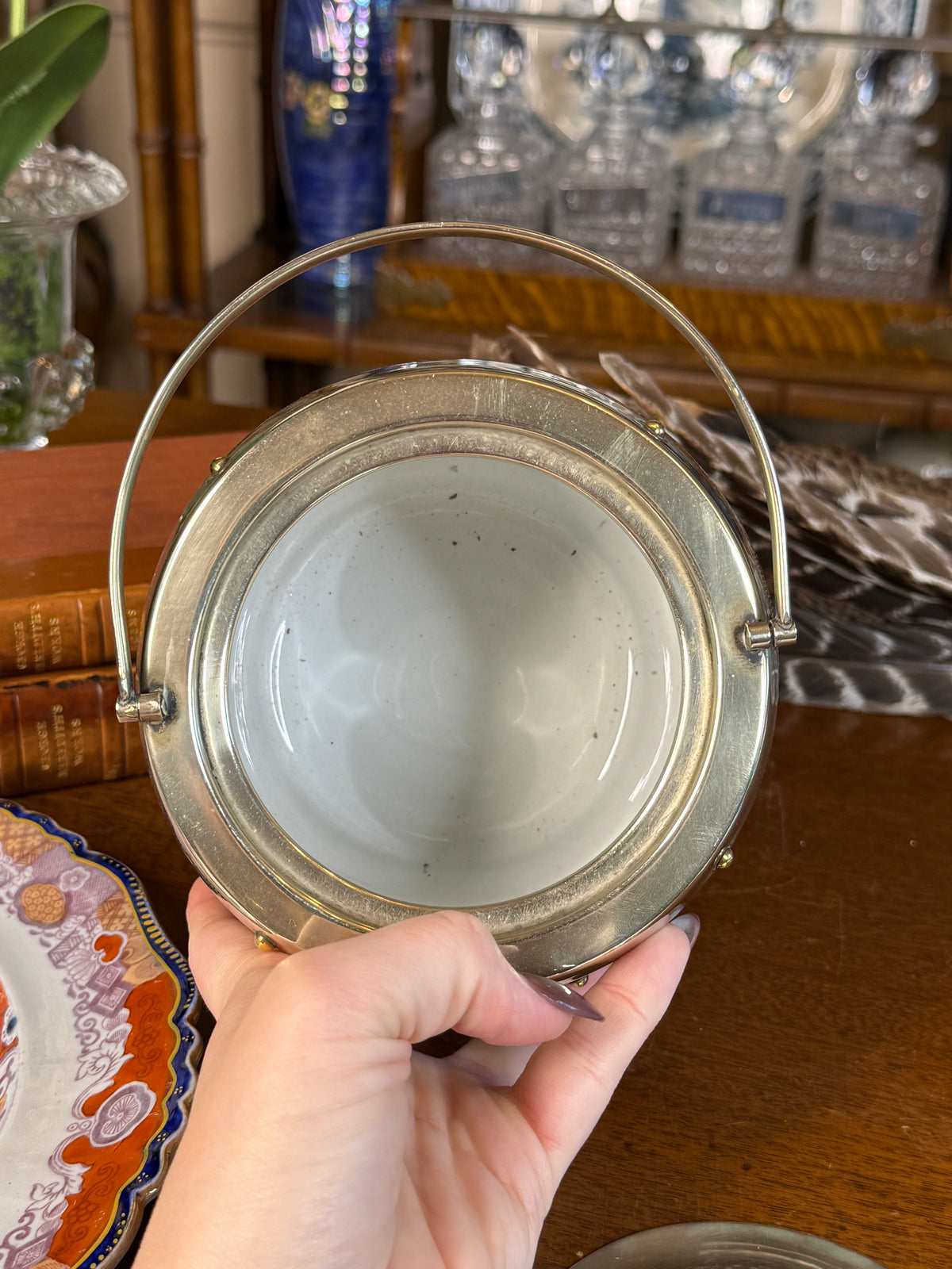 RARE - MOLLIE - Antique English Oak & EPNS Silver Plate Biscuit Barrel with Shield Cartouche, c.1900, 7” H