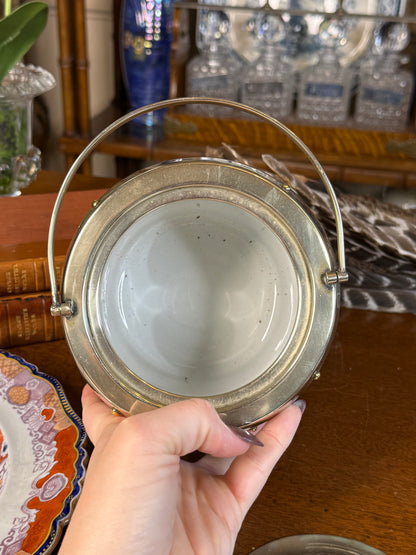 RARE - MOLLIE - Antique English Oak & EPNS Silver Plate Biscuit Barrel with Shield Cartouche, c.1900, 7” H