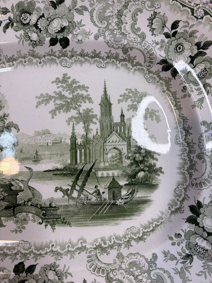 Stunning antique William Adams & Sons "Fountain Scenery" green and white transferware platter with strainer!