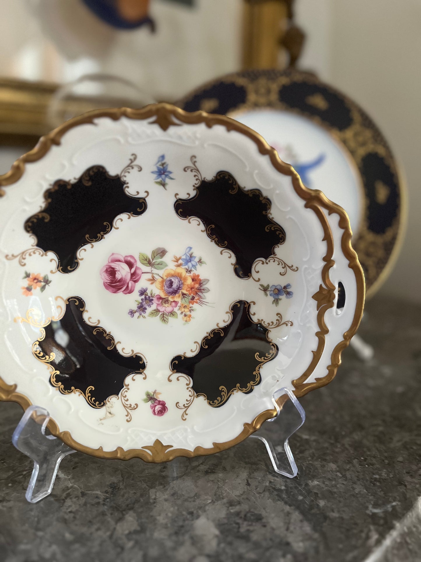 Elegant Rosenthal Echt-Kobalt Pierced Handle Dessert Dish | Cobalt & Gold Floral Porcelain | West Germany