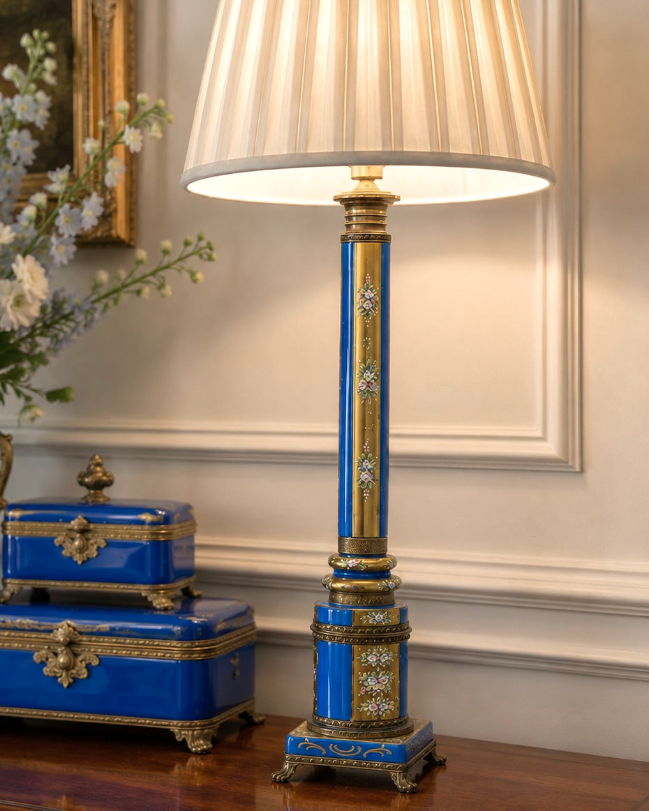 French Opaline & Bronze Column Lamp | Hand-Painted Enamel Florals Circa 1890-1920
