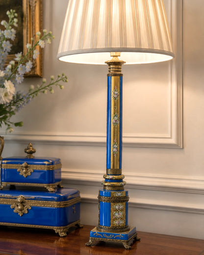 French Opaline & Bronze Column Lamp | Hand-Painted Enamel Florals Circa 1890-1920