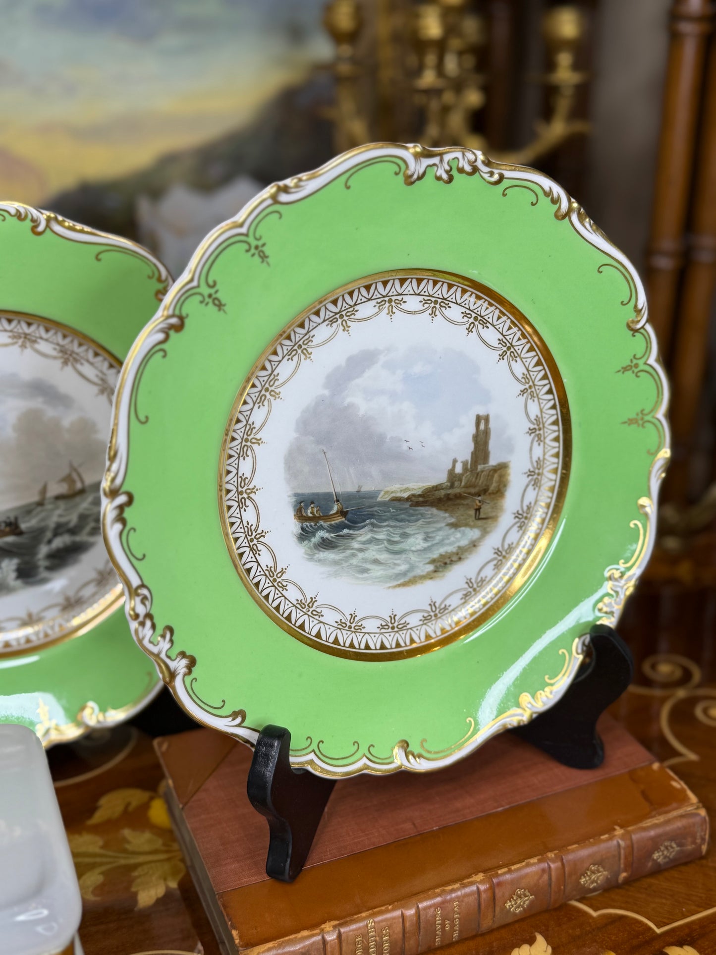 Pair of Ridgway Seascape Plates, c. 1870 | Green-Ground with Gilt, 9” Diameter