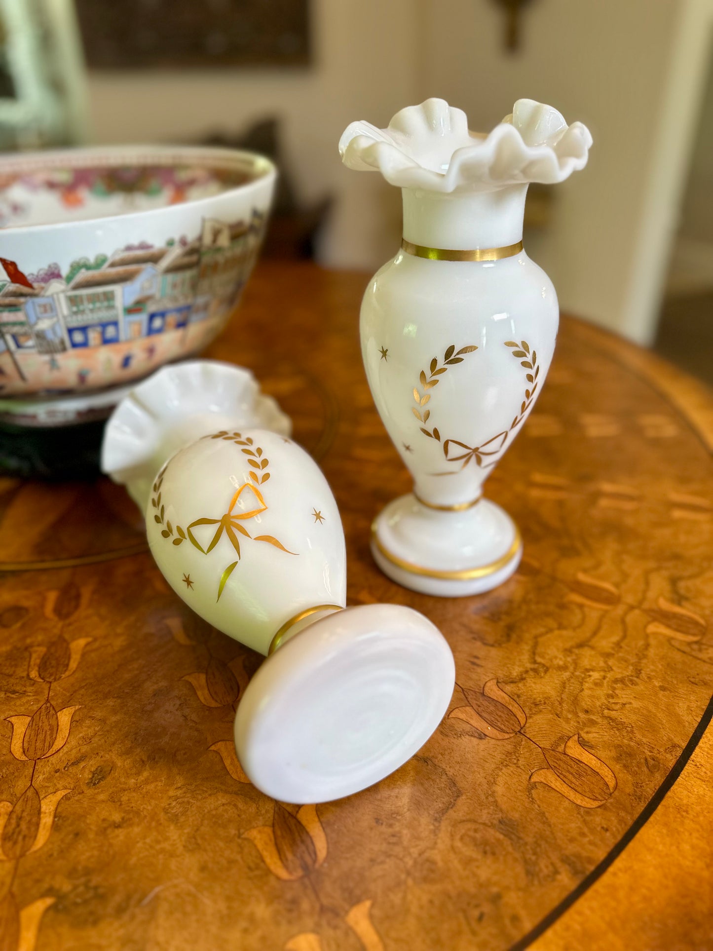 Pair of Antique French Opaline Glass Vases with Gilt Laurel Wreath Decoration, c.1880