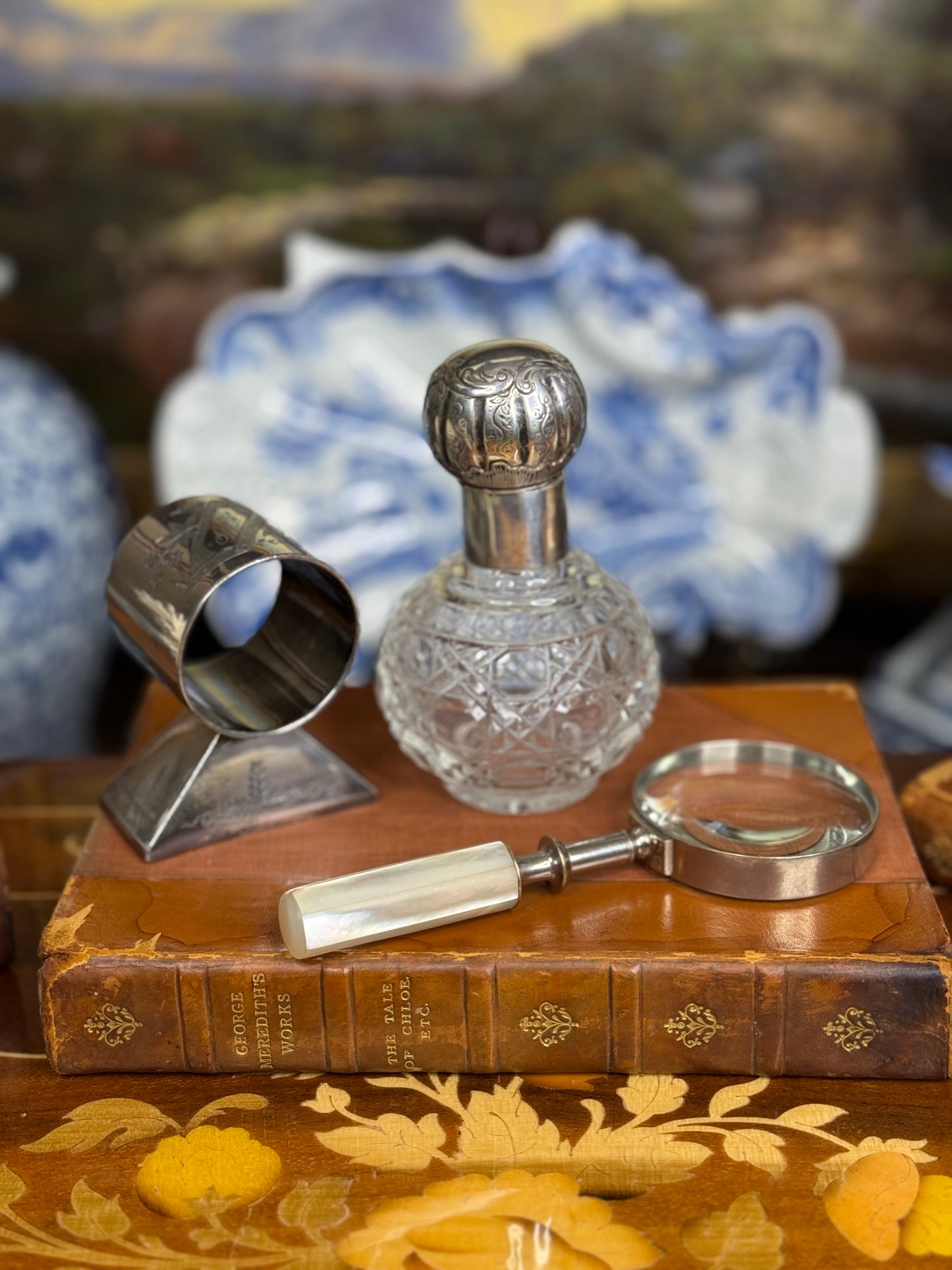 Victorian Cut Crystal Perfume Bottle with Sterling Silver Repoussé Lid – 4.5″